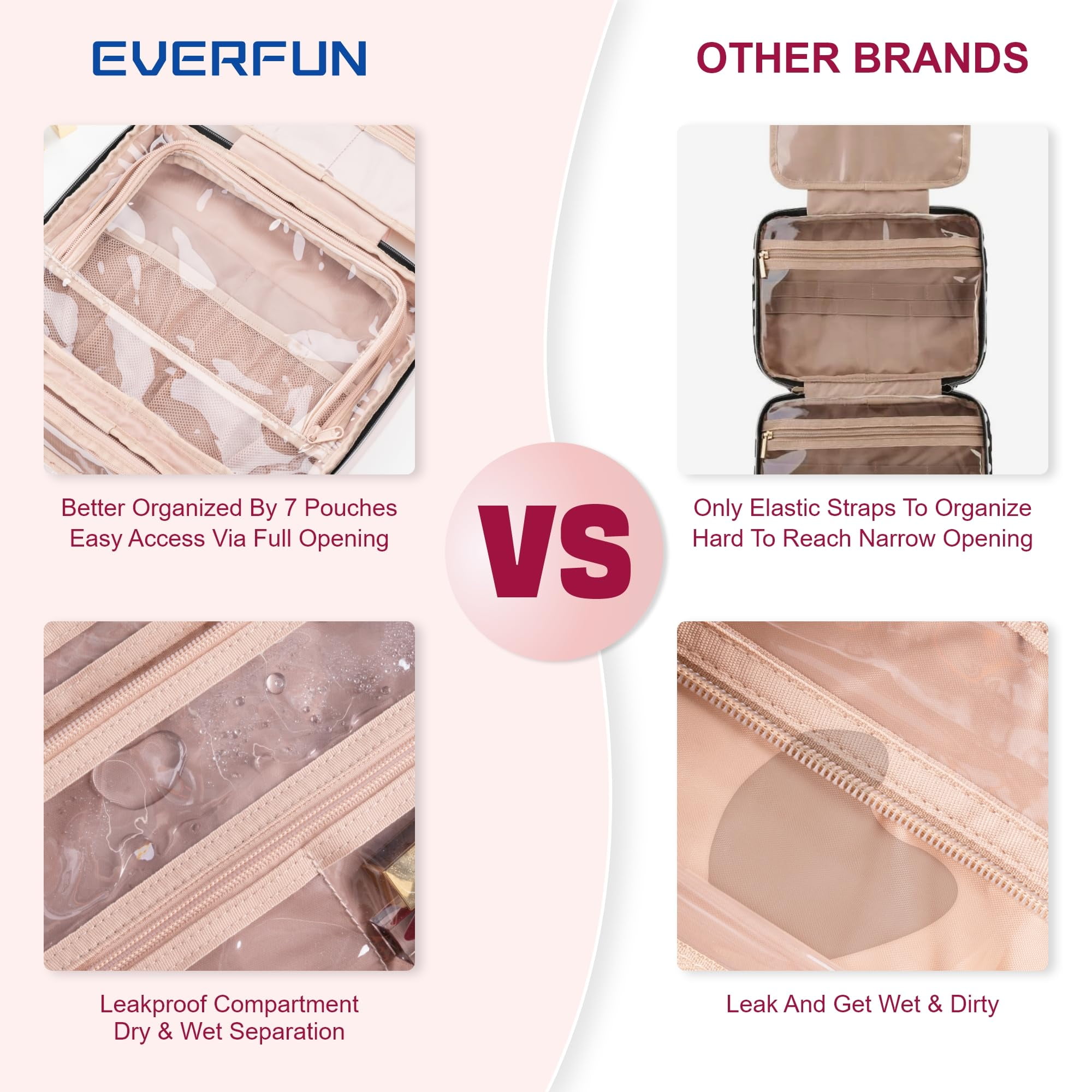 EVERFUN Large Travel Makeup Bag for Women Hanging Toiletry Bag Full Size Cosmetic Organizer Kit Pink