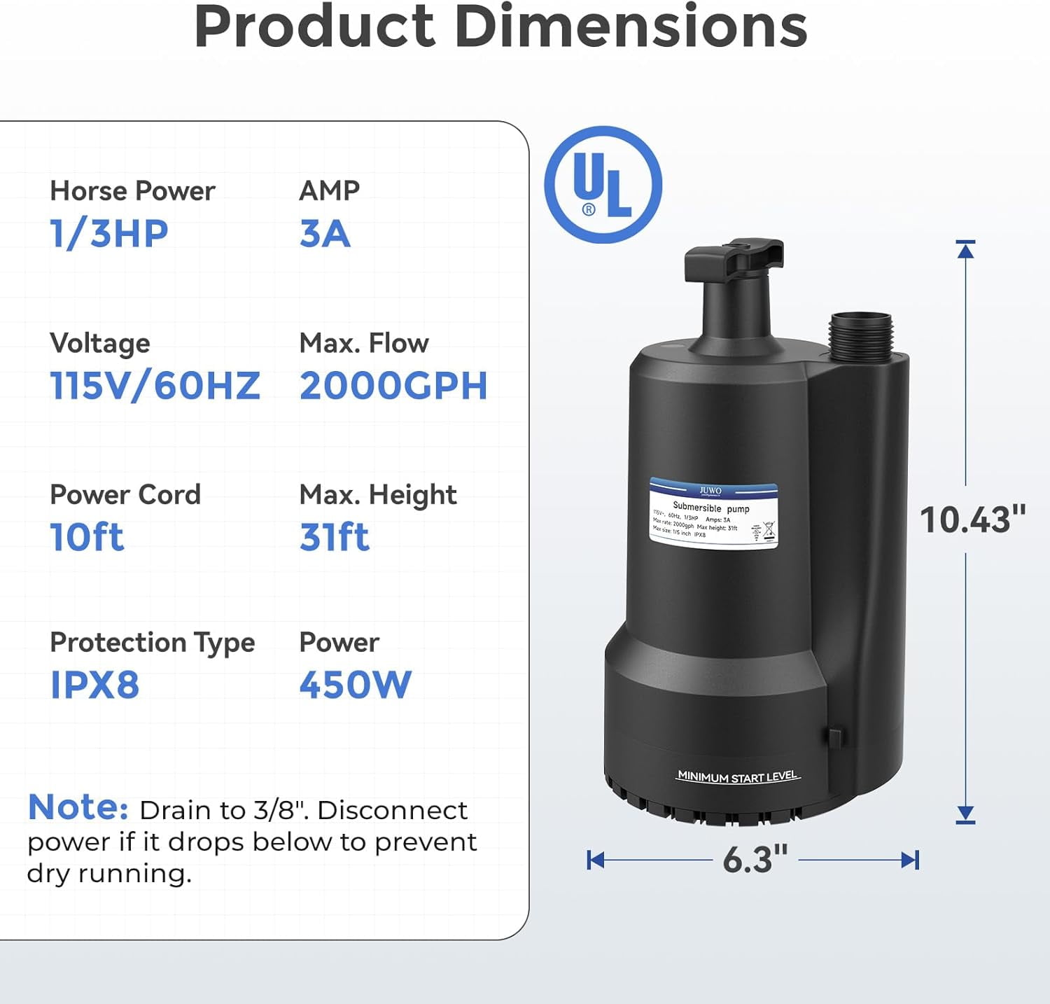 JUWO Submersible Water Pump 1/4 HP, 1800GPH Portable Utility Pump with 10ft Cord, Thermoplastic Electric Small Sump Pump for Draining Swimming Pools, Garden Ponds