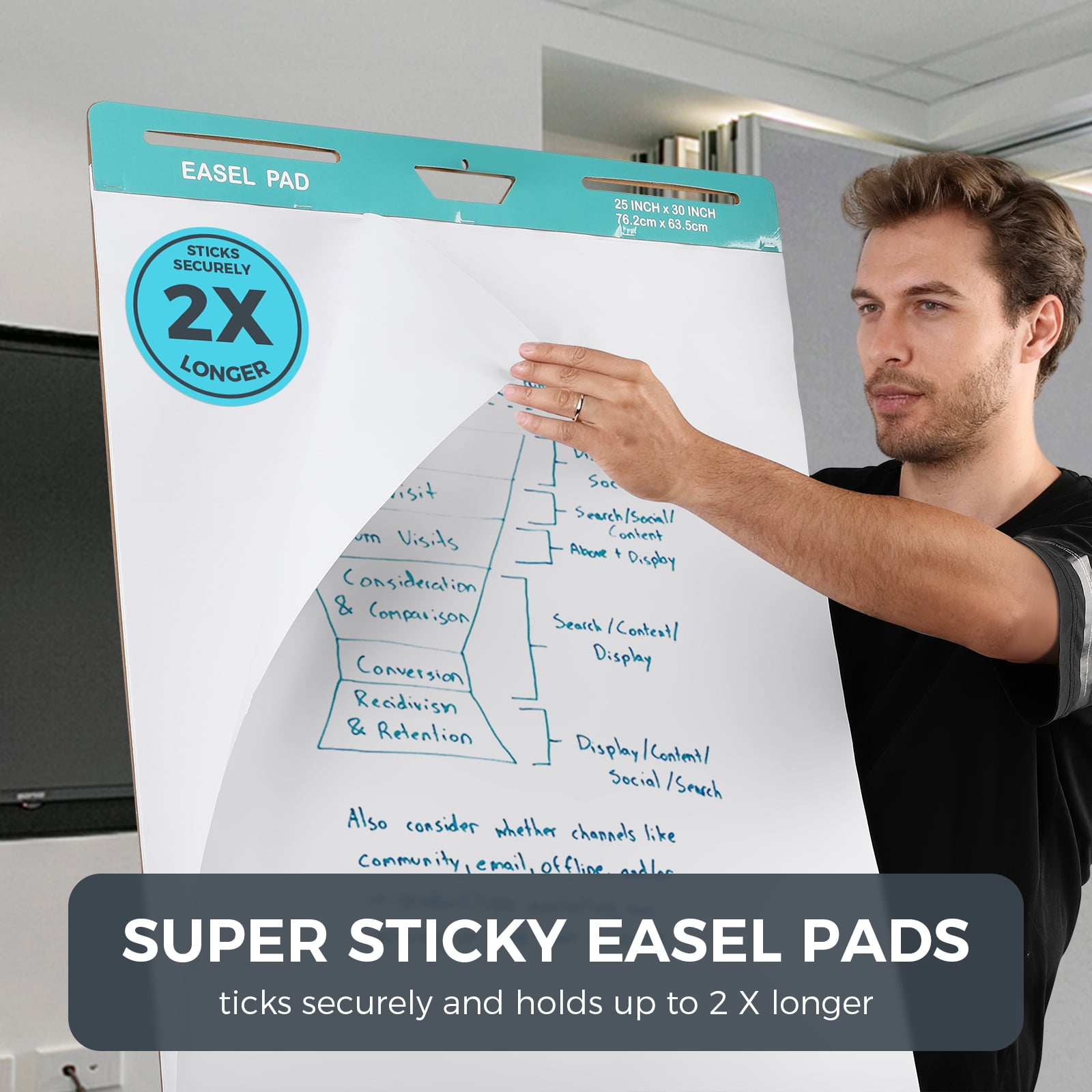 Sticky Easel Pad, 25 x 30 Inch, White, 30 Sheets/Pad, 6 Pads/Pack, Flip Chart Paper for Teachers,Large Self-Stick Easel Paper, Super Sticking Power & Bleed-Resistant