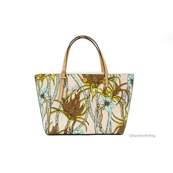 Tory Burch Women's Emerson Printed Canvas Small Tote (Cream Brown Climbing Palms)