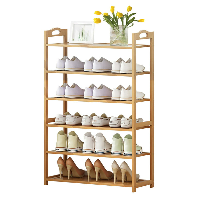 kiplant Black Long Shoe Rack, 3-Tier Bamboo Wood Shoe Rack for Entryway,  Stackable | Foldable | Natural, Shoe Organizer for Hallway Closet, Free