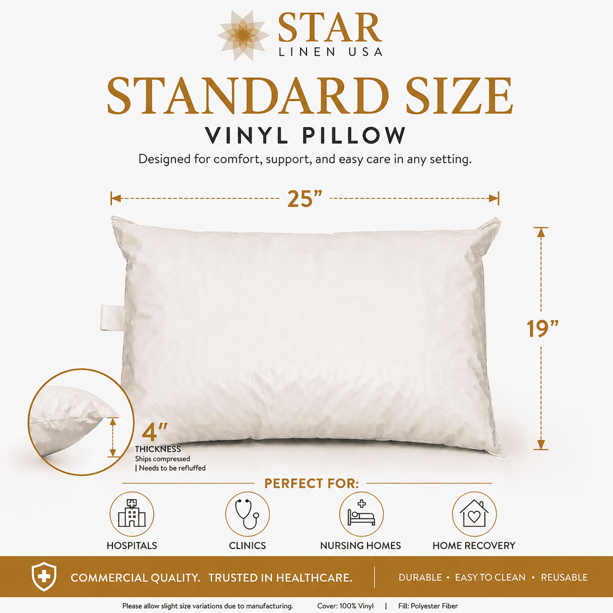 Star Linen Vinyl Covered Medical Bed Pillows, 19 in x 25 in, White, 2 Count