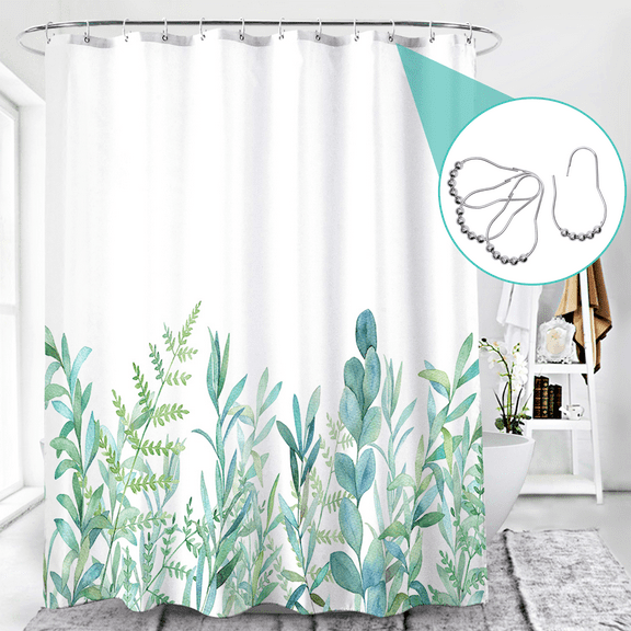 Green Foliage Shower Curtain, Waterproof Fabric with Spring Plant Design, 72x72 inches with Hooks