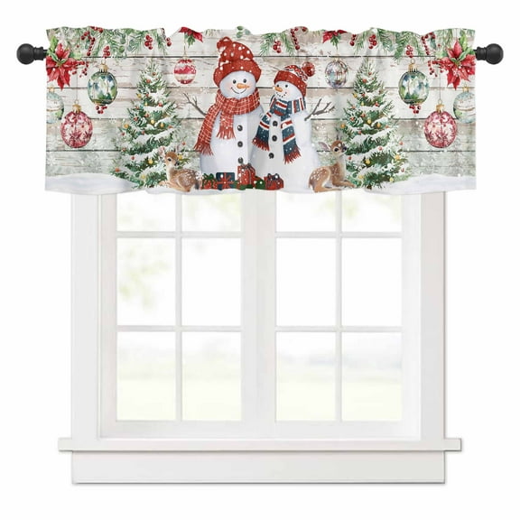 Christmas Snowman Valances for Windows Elk Xmas Tree Wood Grain Rod Pocket Curtain Valance Window Treatment Short Curtains for Kitchen Living Room, 58"x16"