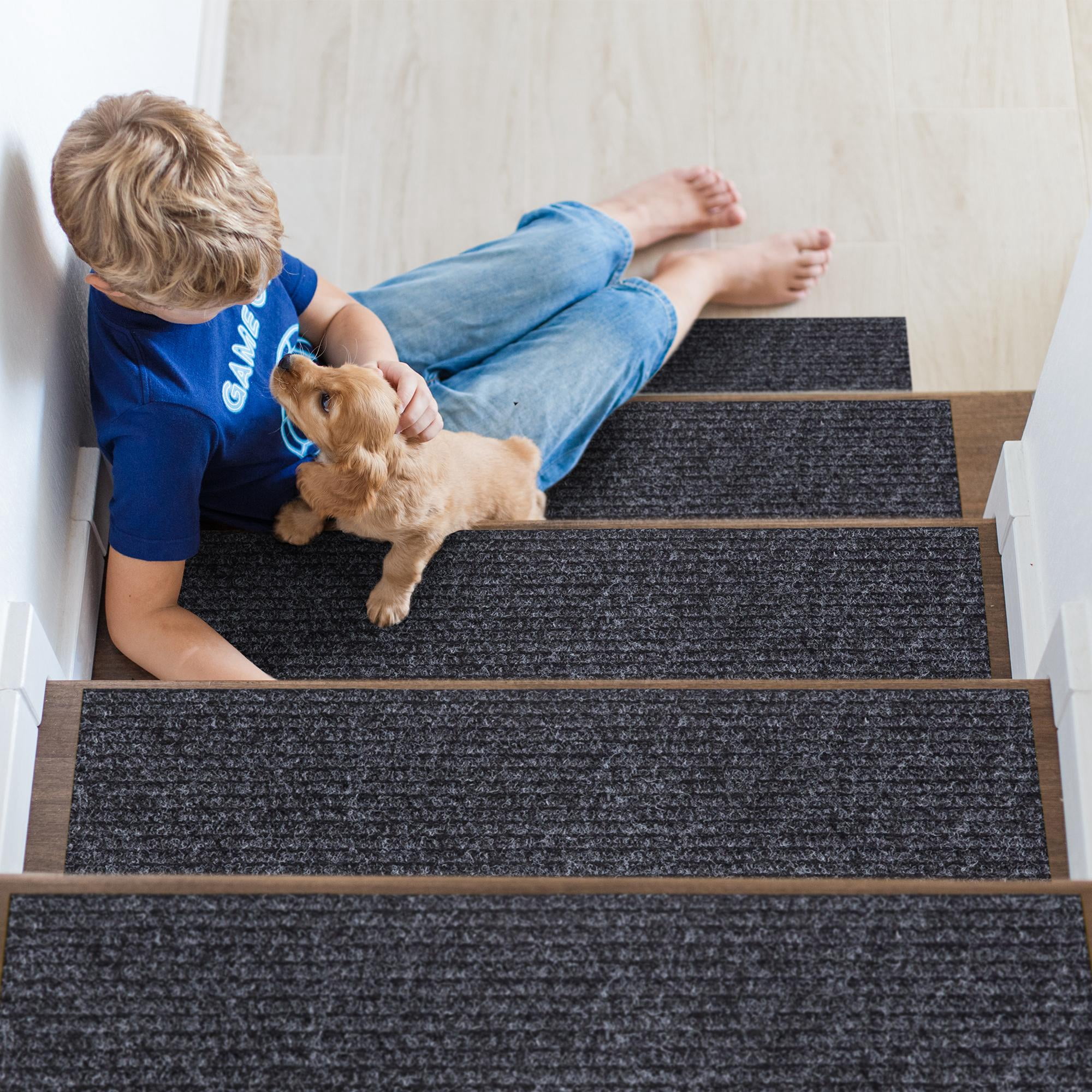 Ottomanson Indoor/Outdoor Non-Slip Stair Treads for Wooden Steps 8" x 30" Rubberback Step Mat, 7 Pack, Black