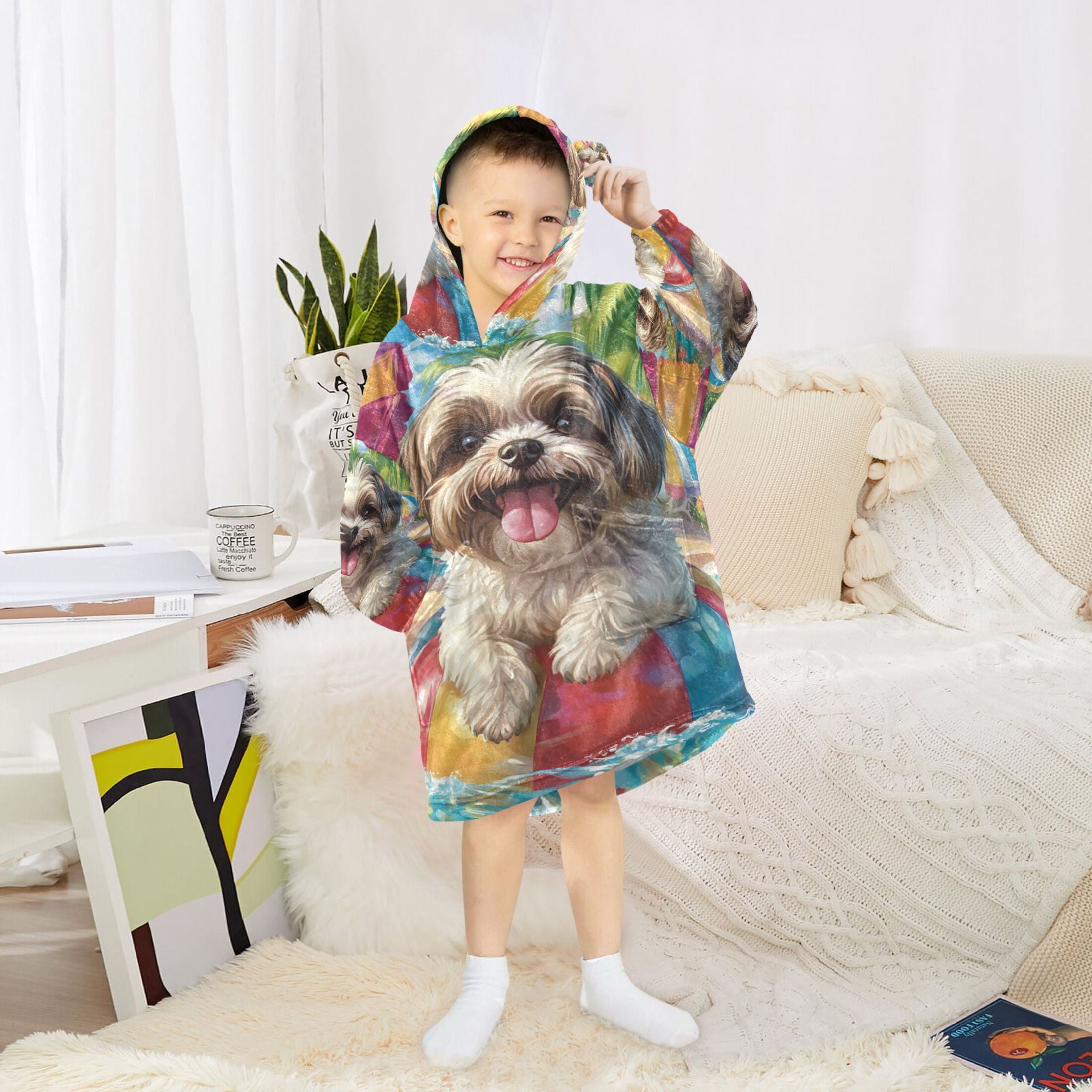 YAZAOO Kids Wearable Blanket Hoodie Warm and Cozy Playful Poolside Pup Flannel Sweatshirt