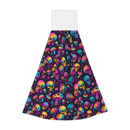 

Zufioo rainbow color mushroom Skull Print Coral Fleece Velcro Hand Towel Hangable Absorbent Hand Towel Suitable for Kitchen Bathroom Household Items