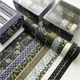 thumbnail image 1 of Juego de 10 rollos de cinta adhesiva Washi negra con lámina de patrón dorado plateado, suministros de diario decorativos estéticos de luna y estrella para planificador, Bujo, proyectos artísticos, 1 of 5