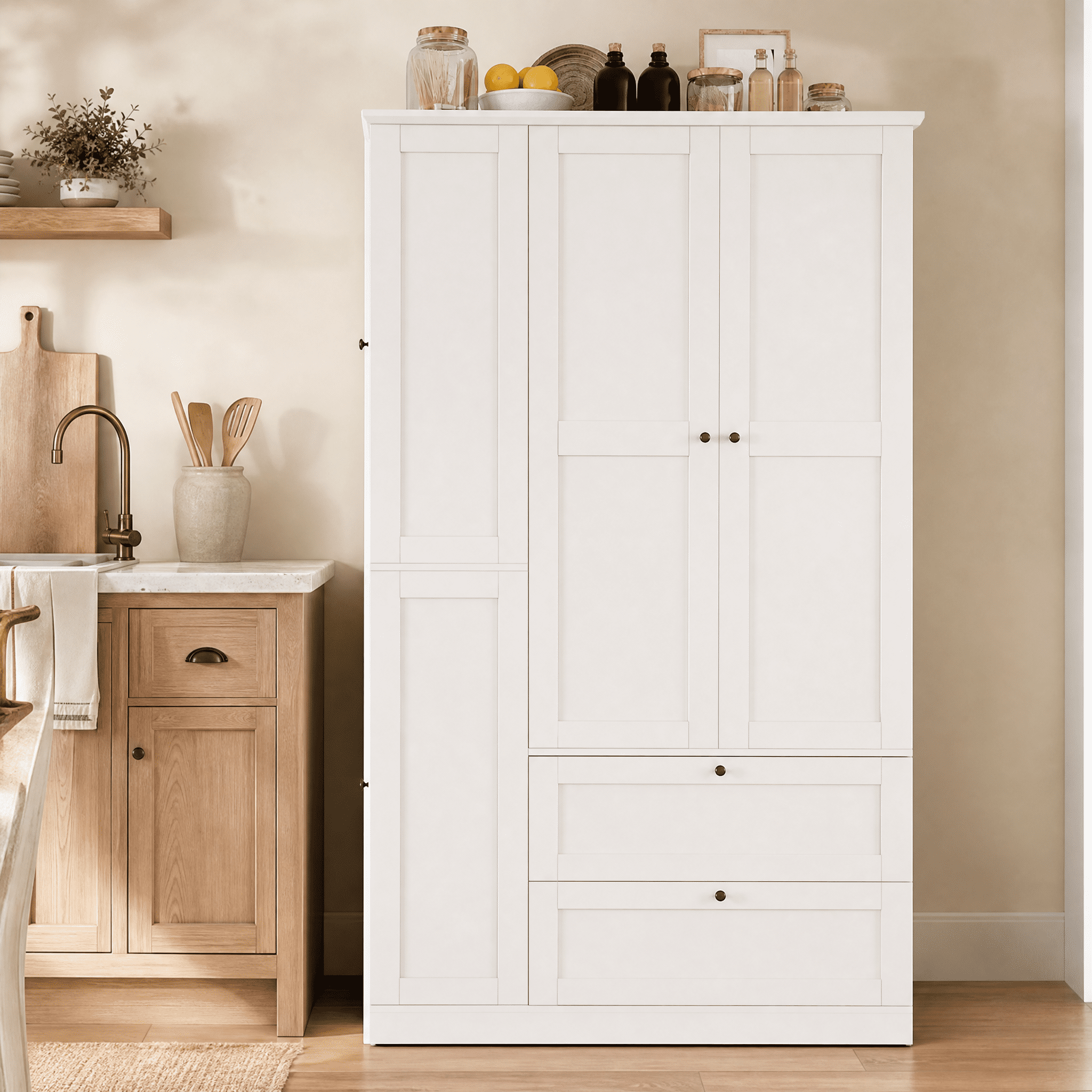 Euroco 73.6" Tall Farmhouse Kitchen Pantry Cabinet, Freestanding Hutch Cabinet with 2 Drawers, 3 Pull-Out Trays & Side Cabinets,Food Pantry for Dining Room,White