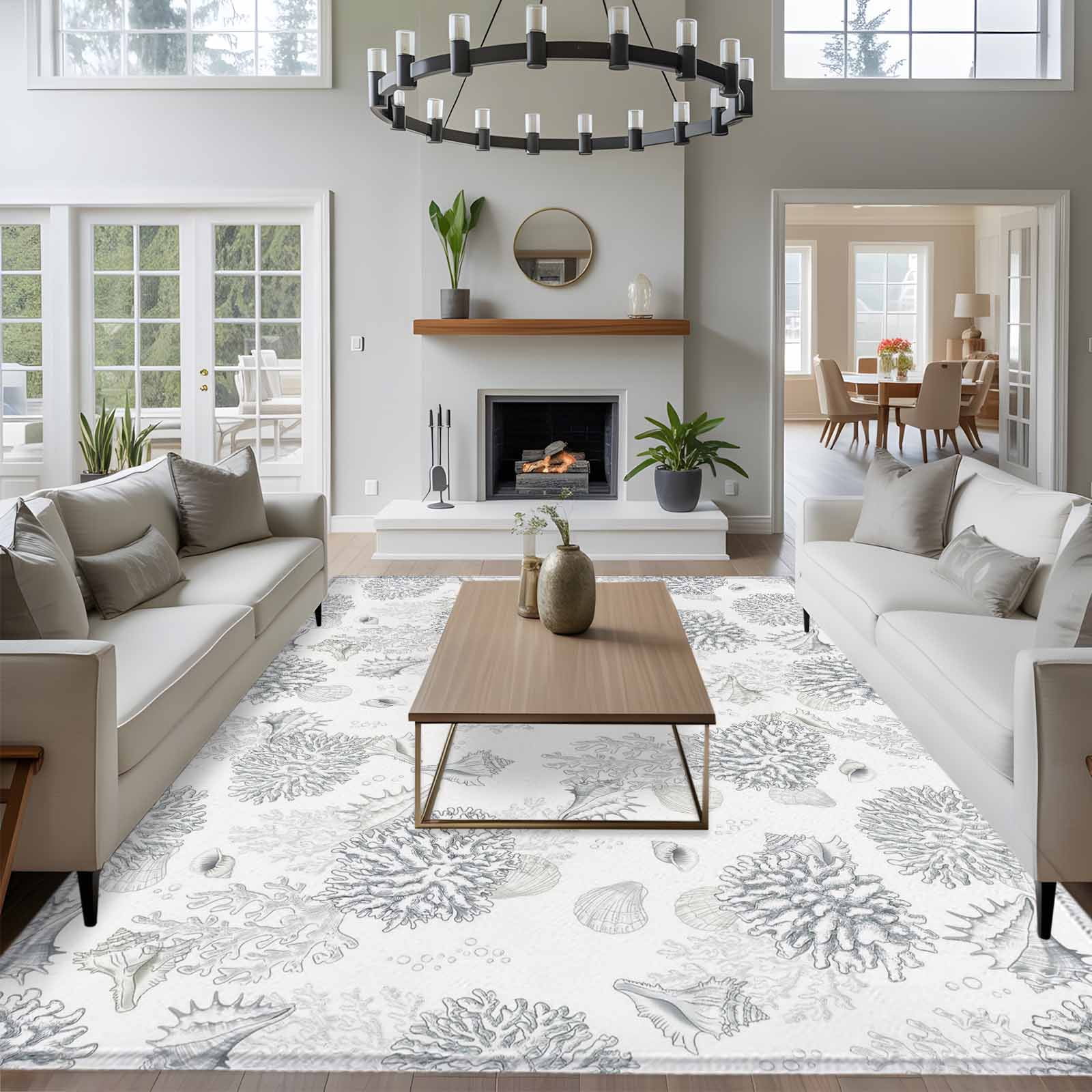Gray Coastal Area Rugs 5'x8', Washable Small Throw Rugs for Classroom Bedroom, Summer Beach Ocean Coral Conch Shell Indoor Outdoor Rug Non-Slip Low Pile Carpet Runner Reversible Floor Mats