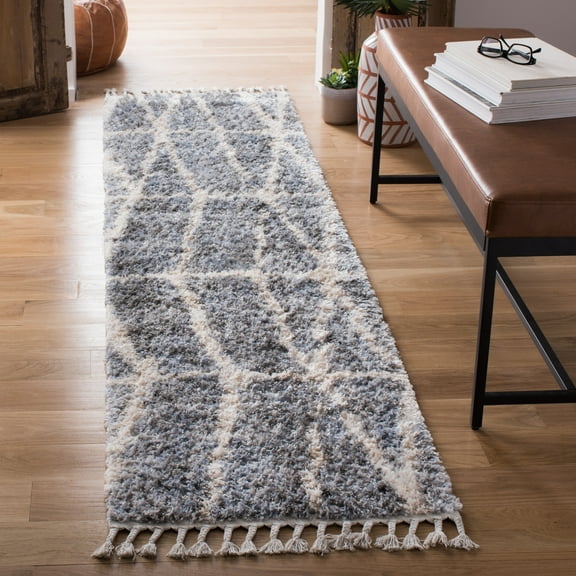 SAFAVIEH Berber Fringe August Geometric Shag Runner Rug, Gray/Cream, 2' x 8'
