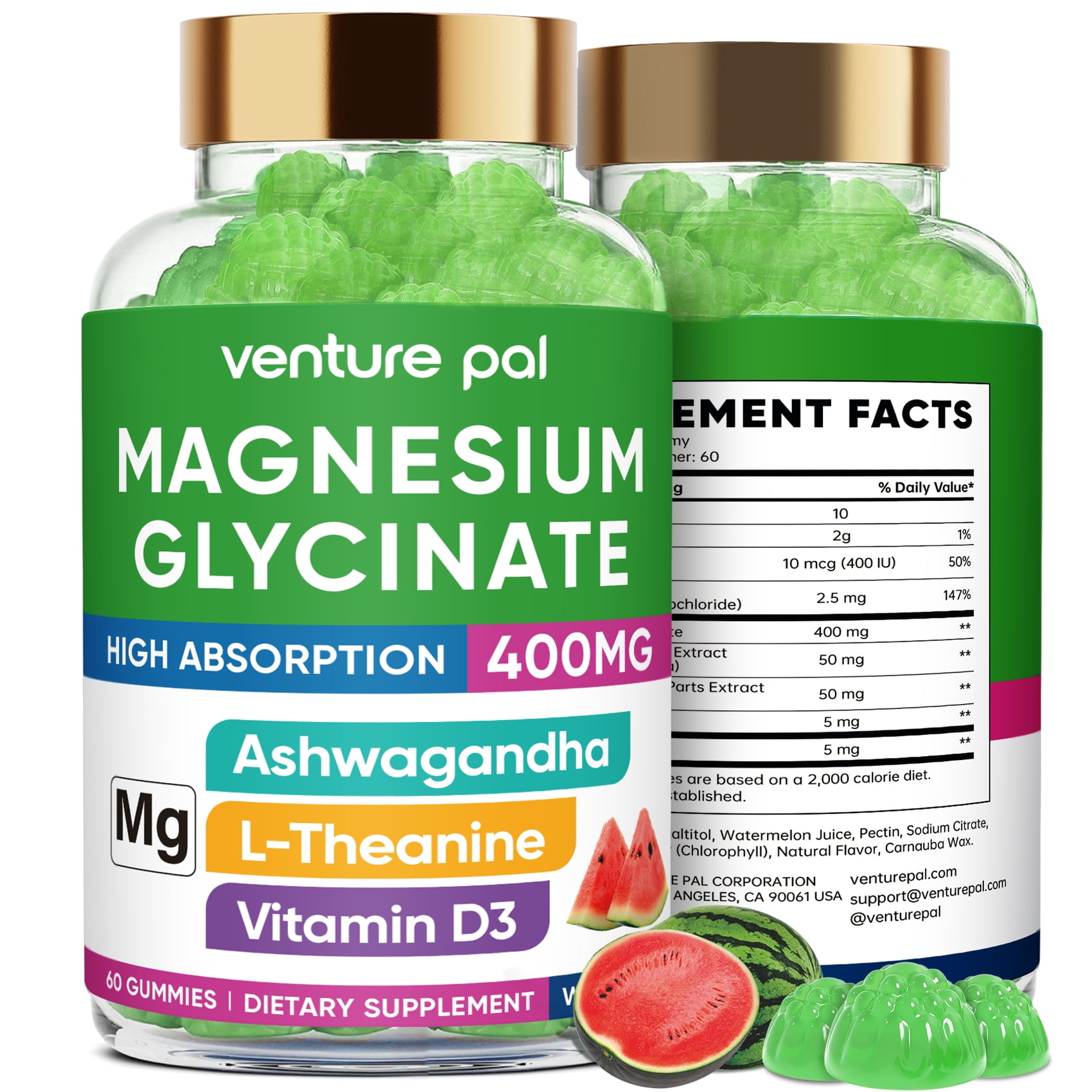 Venture Pal Magnesium Glycinate Gummies 400mg, Sugar Free Magnesium Gummies for Daily Calm & Nighttime Relaxation Support, Vegan, Gluten Free, 60 Day Supply