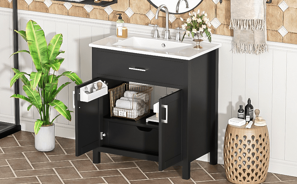 MAYEERTY 30" Black Bathroom Vanity - Ceramic Sink, Ample Storage, Modern Style for Bathroom