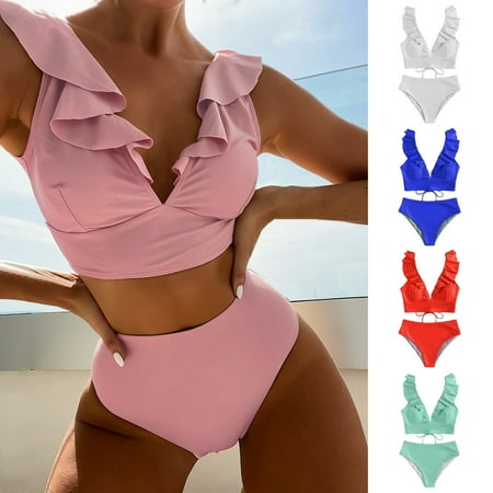 Joernso 2Pcs/Set Women Summer Bikini Set V-Neck Ruffle Stitching Tops High Waist Swimming Trunks Solid Color Quick Drying Lace-Up Back Swimsuit