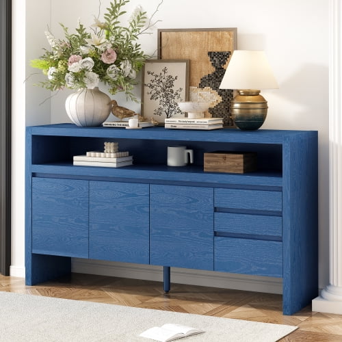 60" Sideboard Navy Blue Ash Veneer MDF Storage Cabinet, 3-Door 3-Drawer Buffet with Semi-Open Shelf & Cable Cutout, Modern Media Console for Dining Living Room