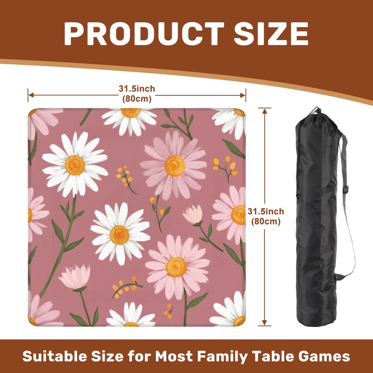 Mahjong Mat 31.5" x 31.5" Floral White Pink Daisies Mauve Non-Slip Noise Reduction American Mahjong Tiles Table Cover for Dominoes Poker Card Board Games Gift