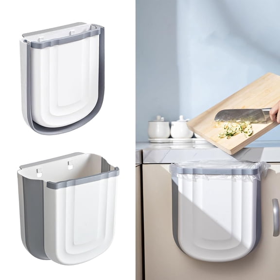 Foldable Hanging Trash Can for Cabinet Door - 9L/2.4 Gallon Collapsible Small Garbage Bin, Space-Saving Wall Mounted Trash Bin for Kitchen, Bathroom, Bedroom Countertop (Gray)