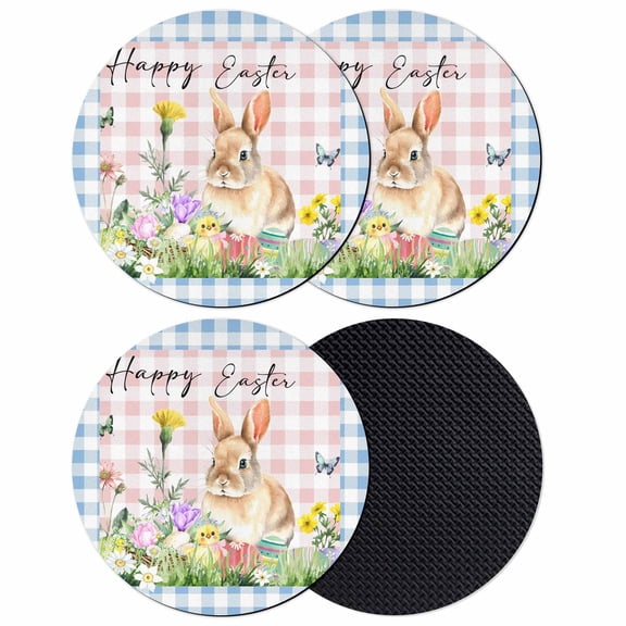 Happy Easter Bunny Coasters Set of 4, Absorbent Coasters for Drinks, Spring Floral Pink Blue Plaid Coaster for Desk Coffee Table Protection, Home Decor House Warming Gifts 4"