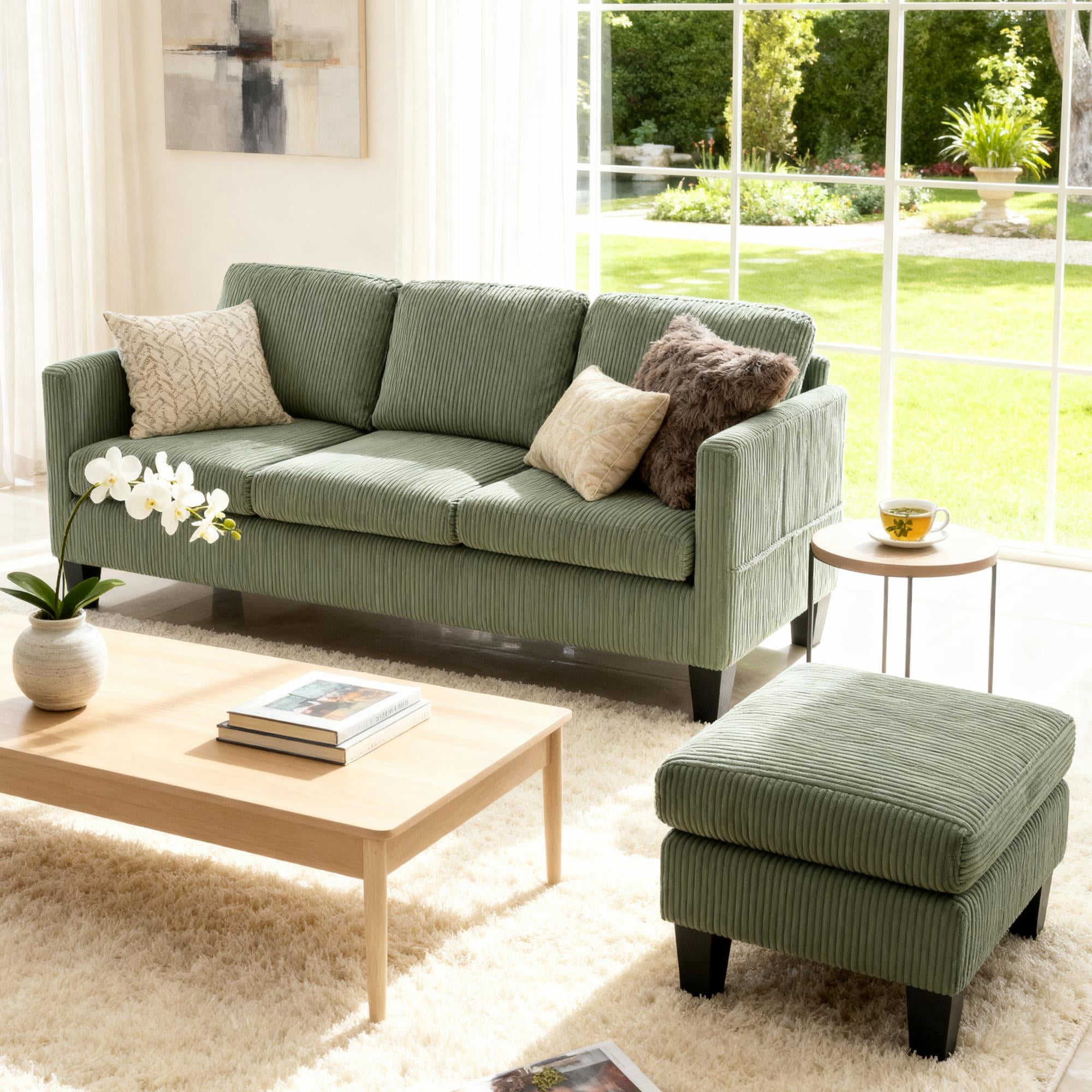 Gewnee Modular Sectional Chaise Sofa,3-Seat L-Shaped Corduroy Upholstered Couch With Detachable Storage Ottoman,Modern Couch For Living Room,Apartment,Olive Green