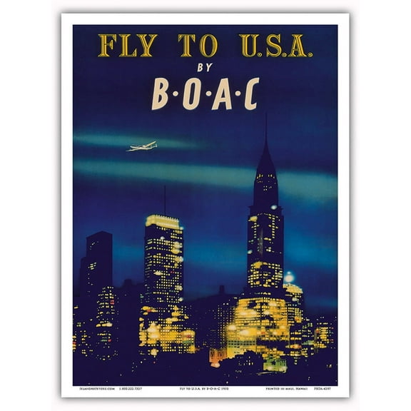 Fly to U.S.A. (USA) - New York City Night Skyline - BOAC (British Overseas Airways Corporation) - Vintage Airline Travel Poster 1950 - Master Art Print (Unframed) 9in x 12in