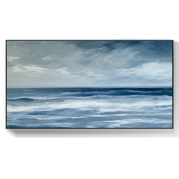 Abstract Ocean Scape Oil Painting Original Dark Blue Clouds Canvas Wall Art Acrylic Handmade Textured Painting Seascape Textured Wall Decor,Unstretched,Frameless,(41*61cm)16*32Inches