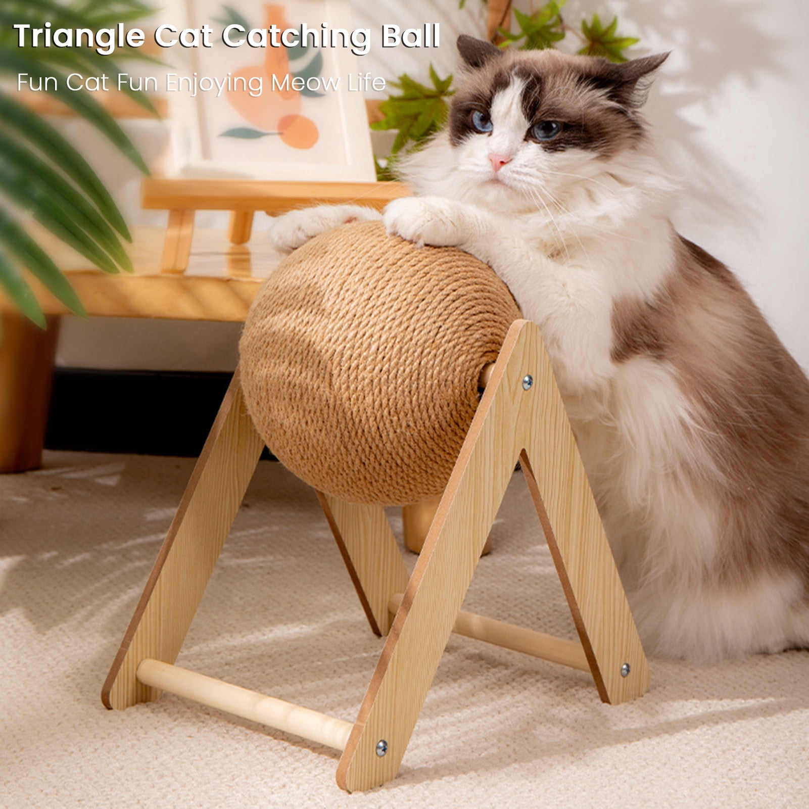 Cat Scratching Ball Interactive Sisal Rope Cat Scratcher Ball with Wooden Stand Spinning Ball Kitten Exercise Toy for Indoor Cats