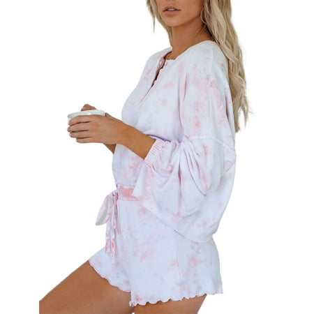 

Sunisery Women 2 Piece Pajama Set Nightwear Sleepwear Loungewear Tie-Dye Leopard Print Long Sleeve Top + Ruffled Shorts