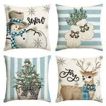 Sm:)e Christmas Snowman Reindeer Gloves Eucalyptus Throw Pillow Covers Blue, 18 x 18 Inch Winter Holiday Stripes Cushion Case Decoration for Sofa Couch Set of 4