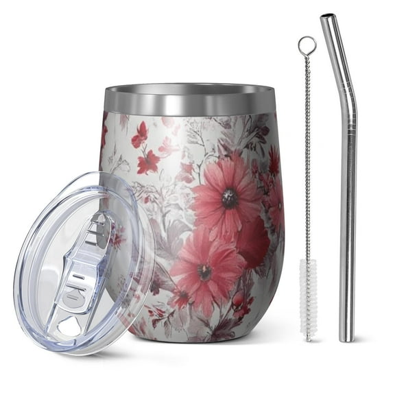 12oz Stemless Wine Tumblers Pioneer Flower Vacuum Insulated Stainless Steel Travel Tumbler Cups Mug with Lid and Straw for Champaign,Cocktail,Beer with Cleaning Brush