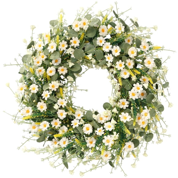 Corona de margaritas blancas Sggvecsy de 60 cm con hojas florales de seda sintética