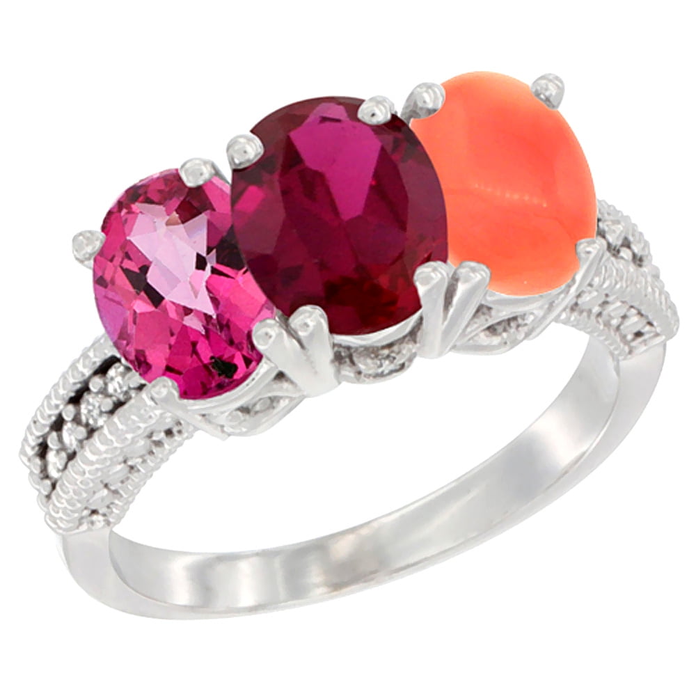 10K White Gold Natural Pink Topaz, Enhanced Ruby & Natural Coral Ring 3-Stone Oval 7x5 mm Diamond Accent, sizes 5 10 by WorldJewels