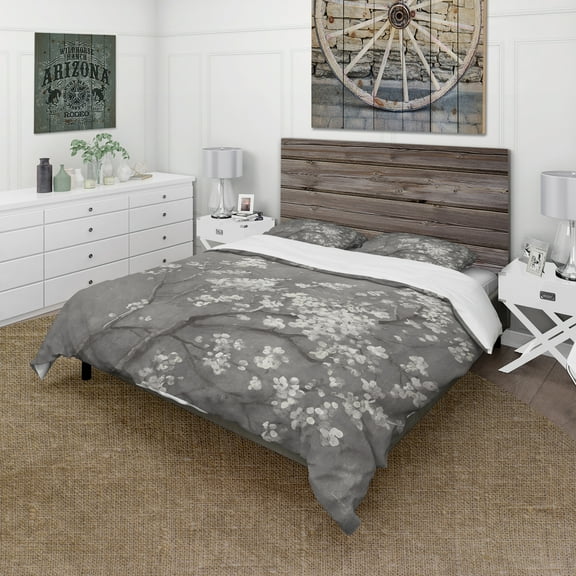 Designart 'White Cherry Blossoms I' Farmhouse Duvet Cover Set