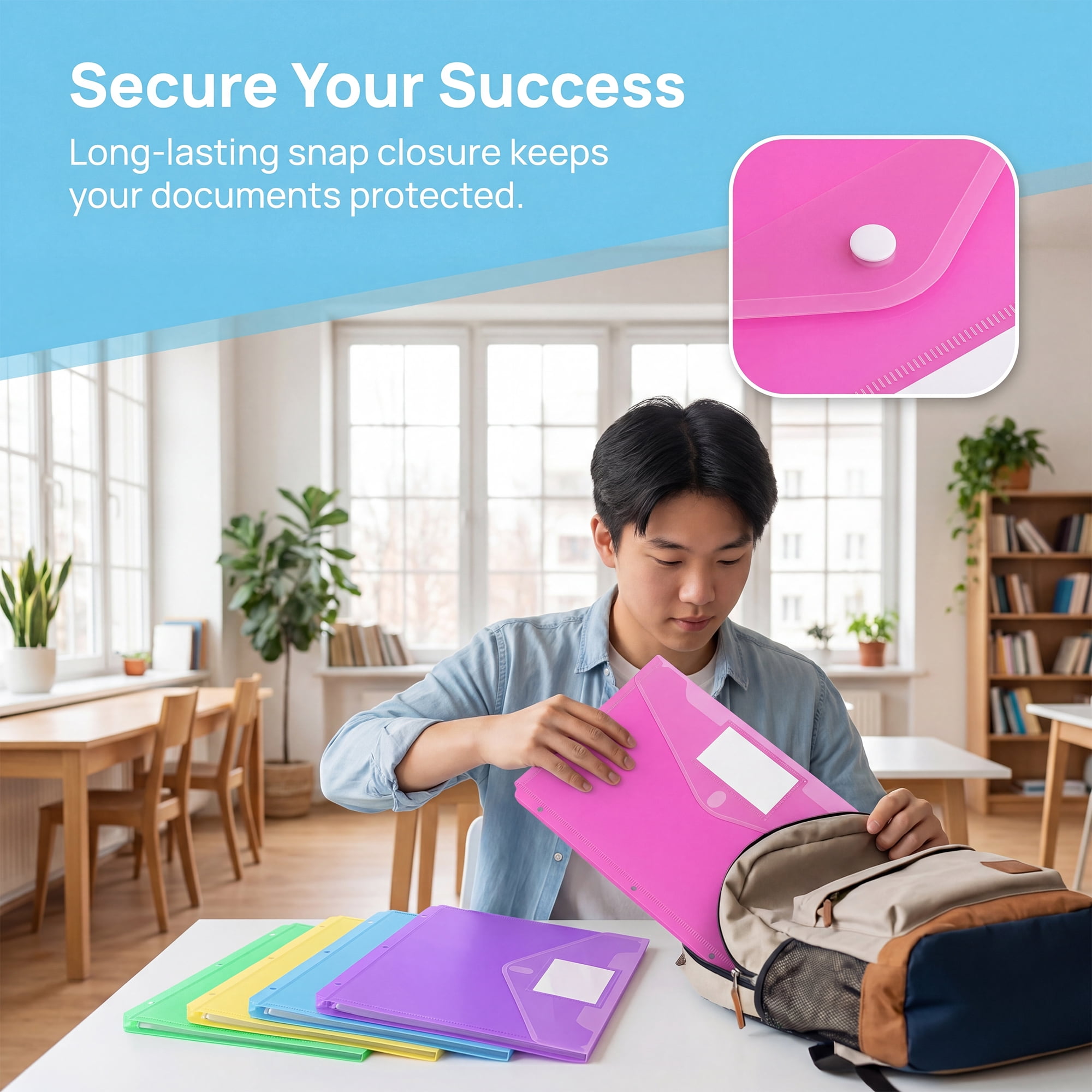 10Pack Heavy Duty 2 Pocket Plastic Folders with Clear Front Pocket, 3 Hole Punch, Assorted Colors