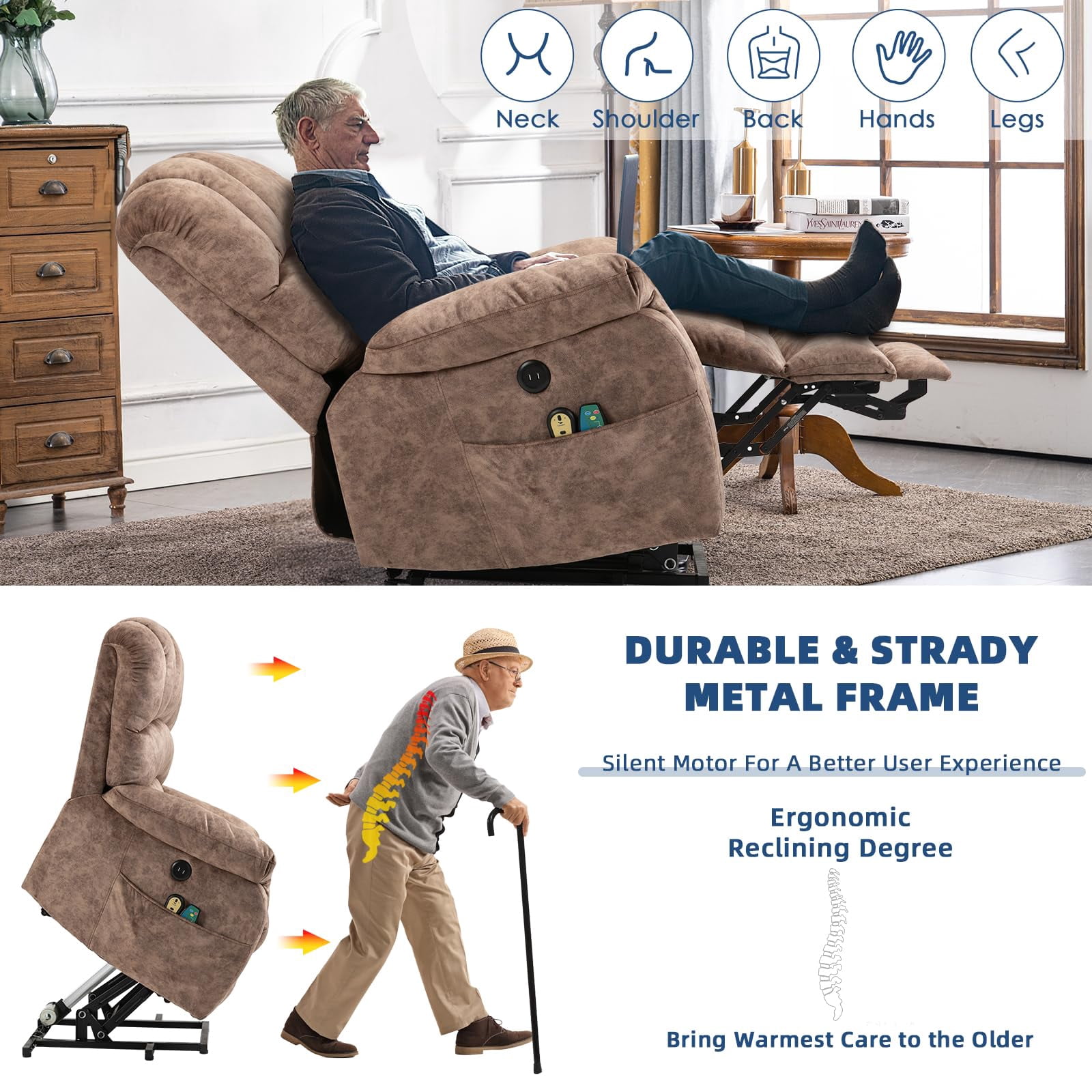 SOCIALCOMFY Large Electric Power Lift Recliner Chair with Extended Footrest for Elderly Big Man, Overstuffed Heated Massage Wide Reclining Sofa with 2 Remote Controls, Side Pockets & USB Ports, Brown