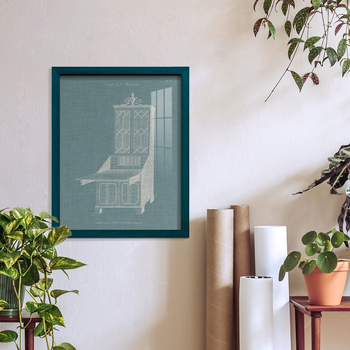 Hepplewhite Desk & Bookcase IV - Framed Print w/glass - Ocean Blue