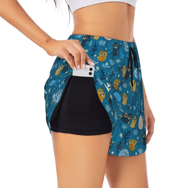 Balery Cute Colorful Owls And Trees Pantalones cortos deportivos para mujer con forro y dos bolsillos, elásticos, para entrenamiento, gimnasio, yoga-X-Large