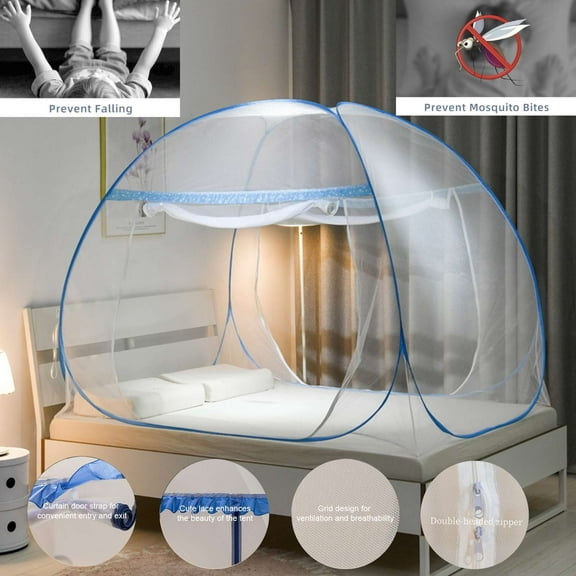 Pop Up Bed Net Tent for Bedroom with Net Bottom, Portable Double Door Travel Folding Design Bed Canopy, Foldable (78x71x57 inch-Blue)