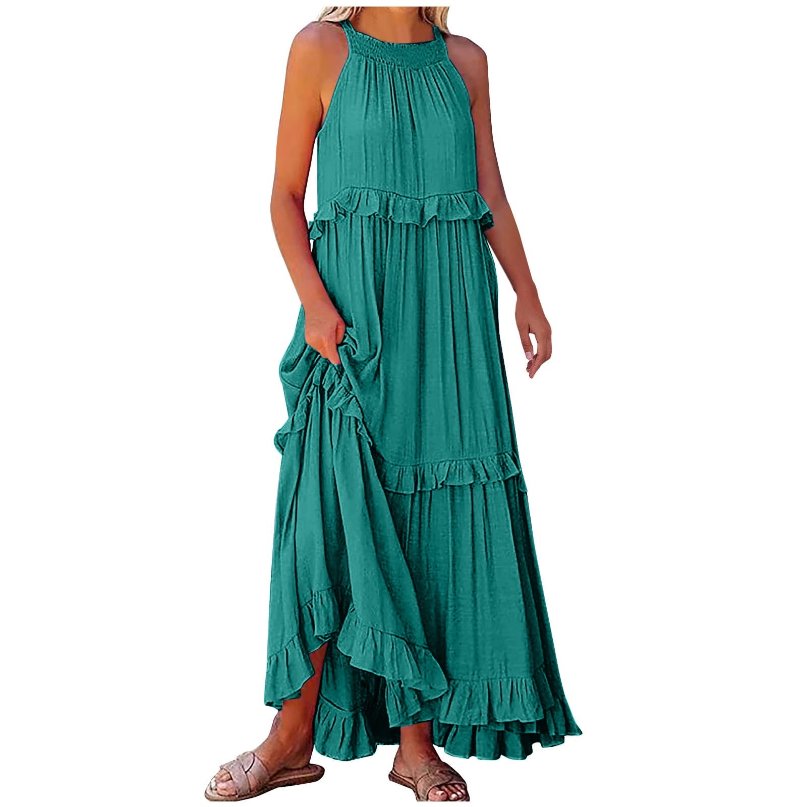 LVHAOGJOB Strap Midi Dress for Women Summer Trendy Sleeveless Dress with Pockets Loose V Neck Mujers Sundress Elegant