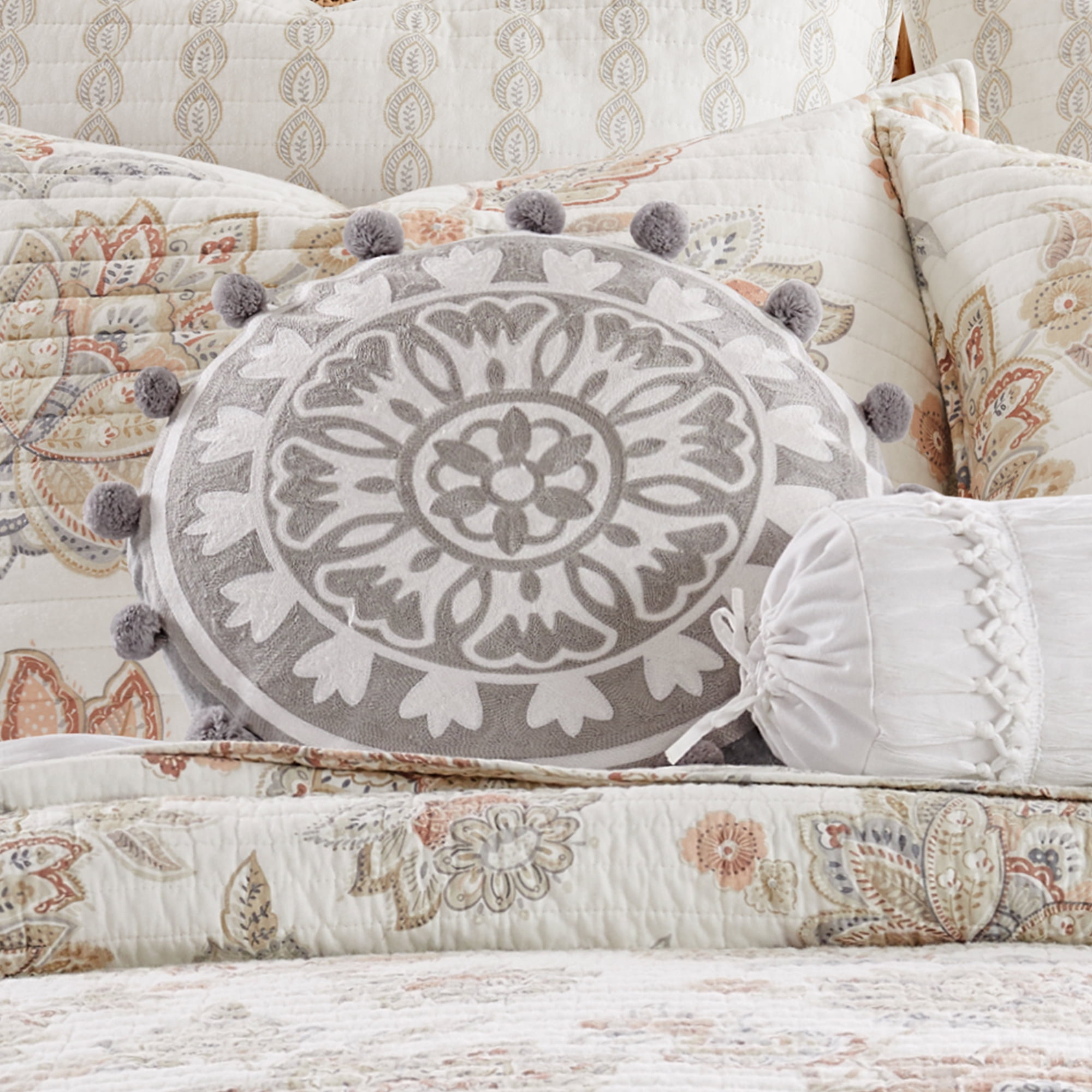 Levtex Home - Selesta Blush - Decorative Pillow (18in. Round) - Medallion - Grey and White