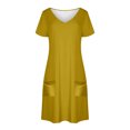 thumbnail image 4 of Vestido Corto de Verano de Moda de Color Sólido Vestido Casual de Cuello en V de Manga Corta, Desgaste Ligero de Poliéster para las Mujeres, Lavado de Manos, 4 of 9