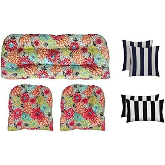 Indoor/Outdoor 7 Piece Tufted Wicker Cushion Set (Loveseat 41" x 19" and U-Shapes 19" x 19")   Pillows, (Standard, Artistic Floral   Black & White Stripe)