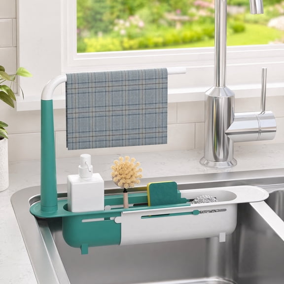 Telescopic Sink Storage Rack Adjustable with 2 Sponge - Sink Caddy Sponge Holder for kitchen sink(Green)