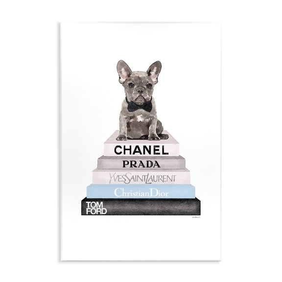 Stupell Industries Eclectic Grey Blue and Black Fashion Bookstack with Grey Frenchie Puppy Wall Plaque Art, 10 x 15, by Amanda Greenwood
