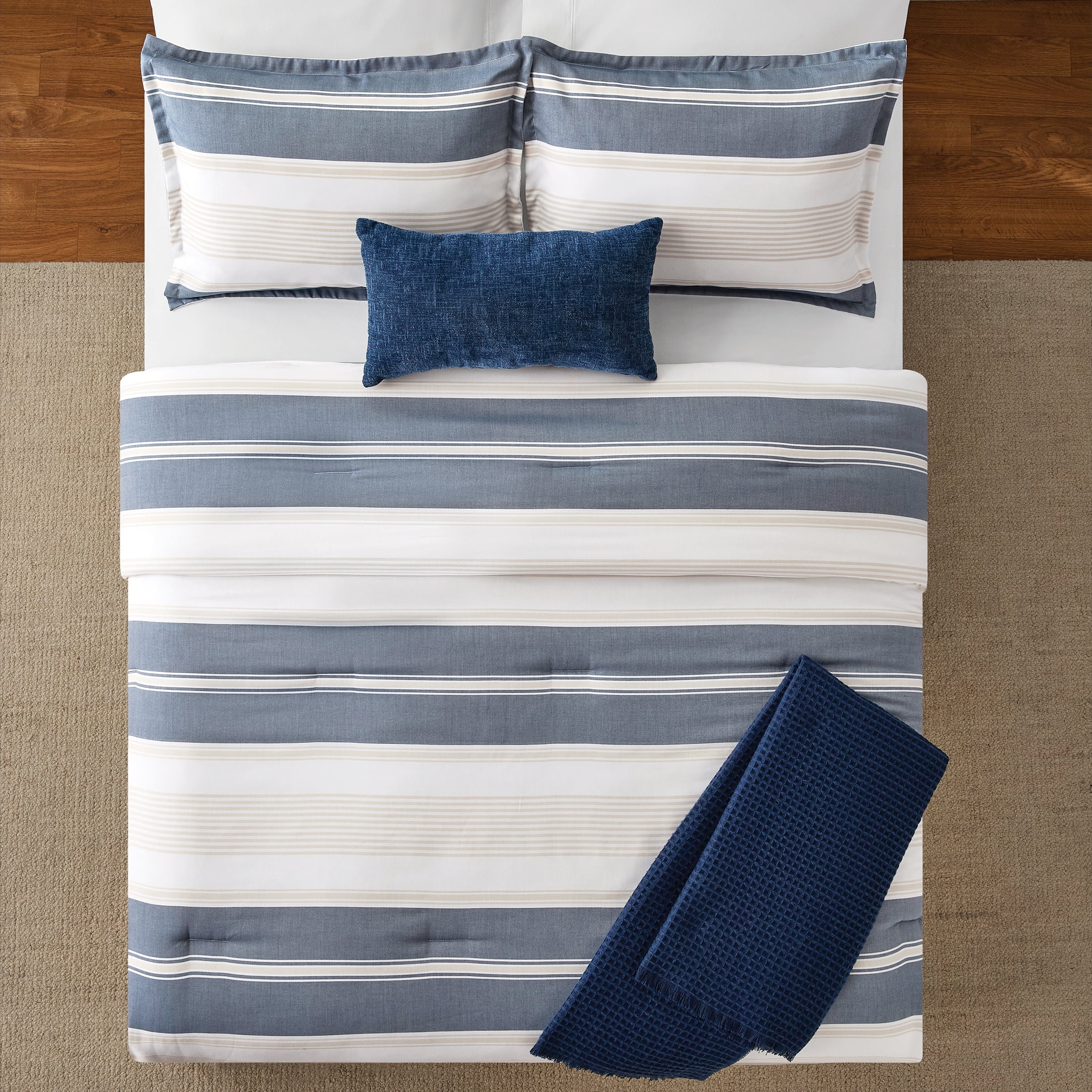 Mainstays King Comforter Set, All-Season, 5-Piece, Blue & Tan Woven Stripe