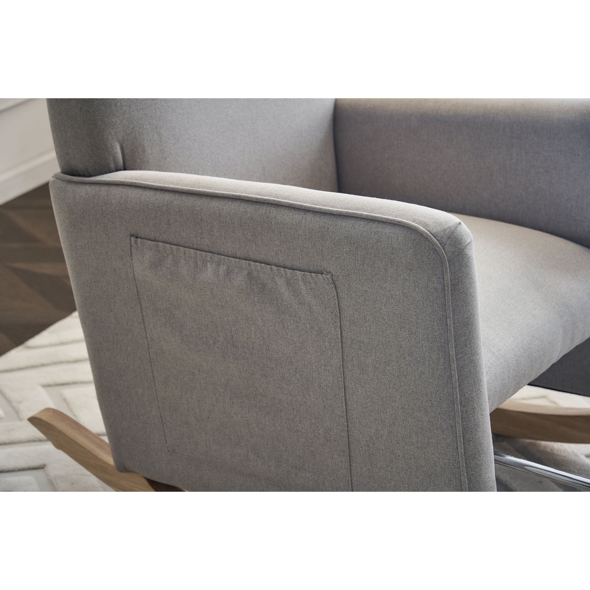 Leumius Nursery Rocking Chair,Cotton Linen Upholstered Glider Rocker Chair with Adjustable Footrest,Comfortable Rocker Recliner with Side Pocket for Living Room, Bedroom, Nursing Room,Light Gray