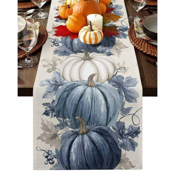 Fall Table Runner Thanksgiving Blue White Pumpkin Table Runners Autumn Maple Leaves Beige Cotton Linen Dresser Scarf Kitchen Dining Table Decor for Fall Holiday Party Decor 13x36 Inch