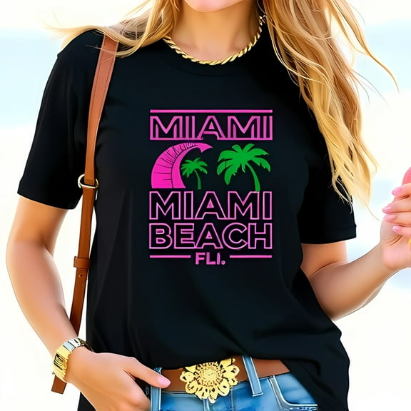 Vibrant Miami Beach Graphic Cotton Short Sleeve T-Shirt - Retro Trees & Waves Design