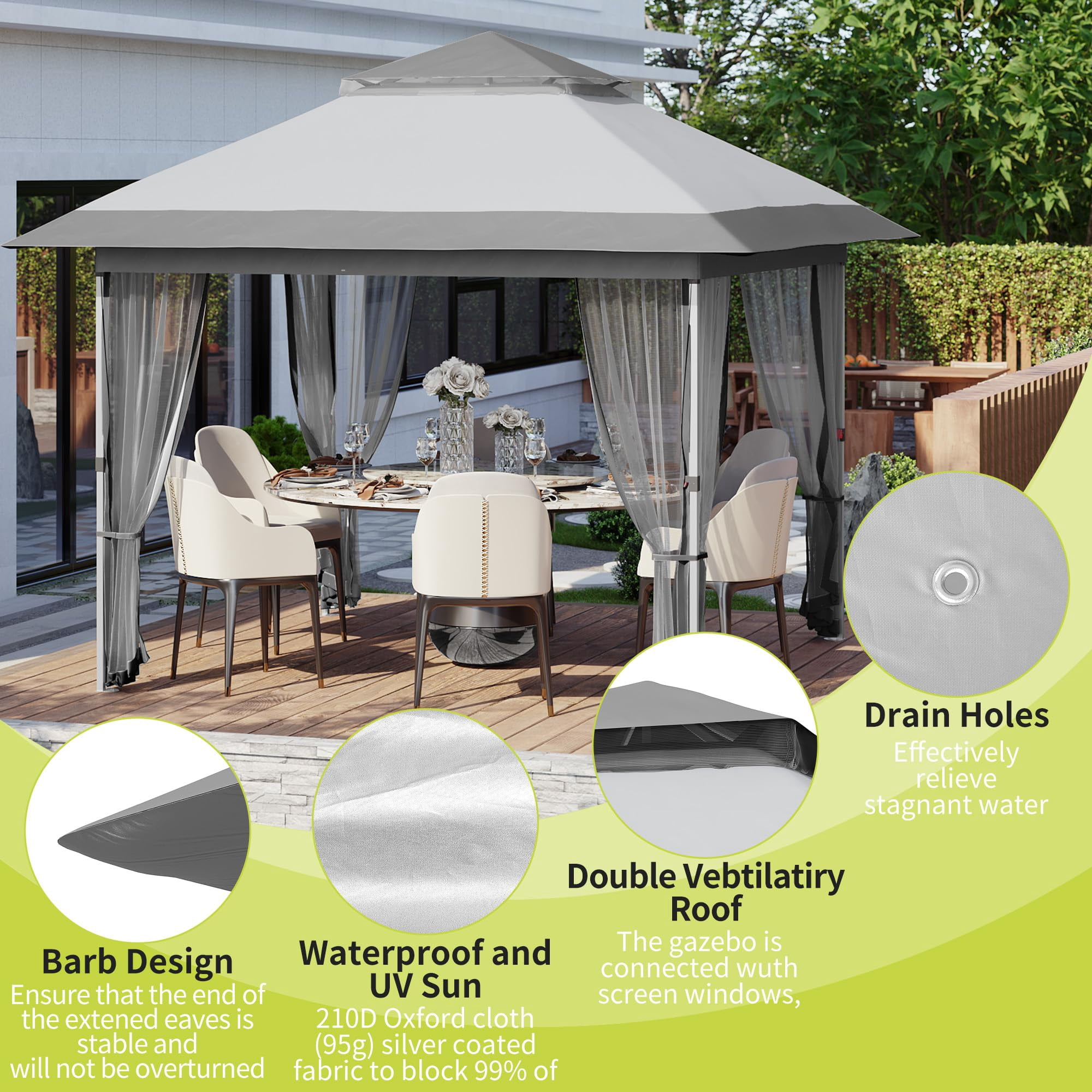 Kojooin 10x10 Pop Up Gazebo, Outdoor Canopy Tent with Mosquito Netting, Pop Up Canopy Tent with Curtains/Adjustable Height/Wheeled Carrying Bag for Patio Garden Backyard Lawn