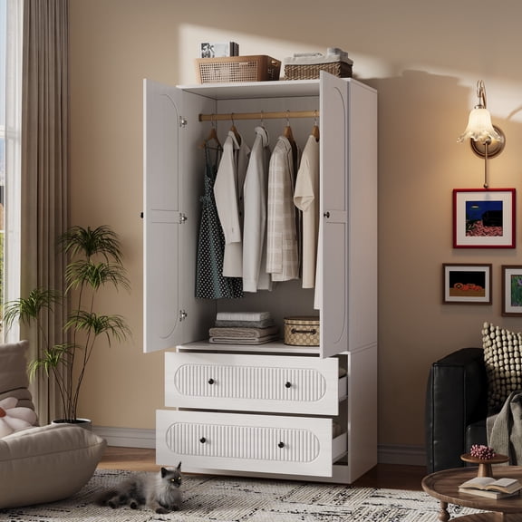 UGTOO White Wardrobe Armoire with 2 Doors and 2 Drawers, Freestanding Closet Organizer with Removable Hanging Rod, P2 Wood Bedroom Storage Cabinet with Anti-Tipping Device
