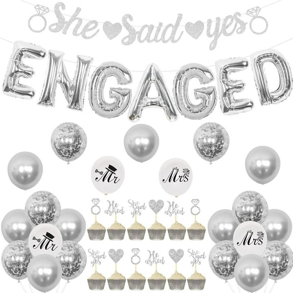 Engagement Party Decorations Silver - She Said Yes Banner, Glitter He Asked She Said Yes Cupcake Toppers, Engaged Foil Balloons, Mr Mrs Printed Balloons for Engagement Wedding Bridal Shower Supplies
